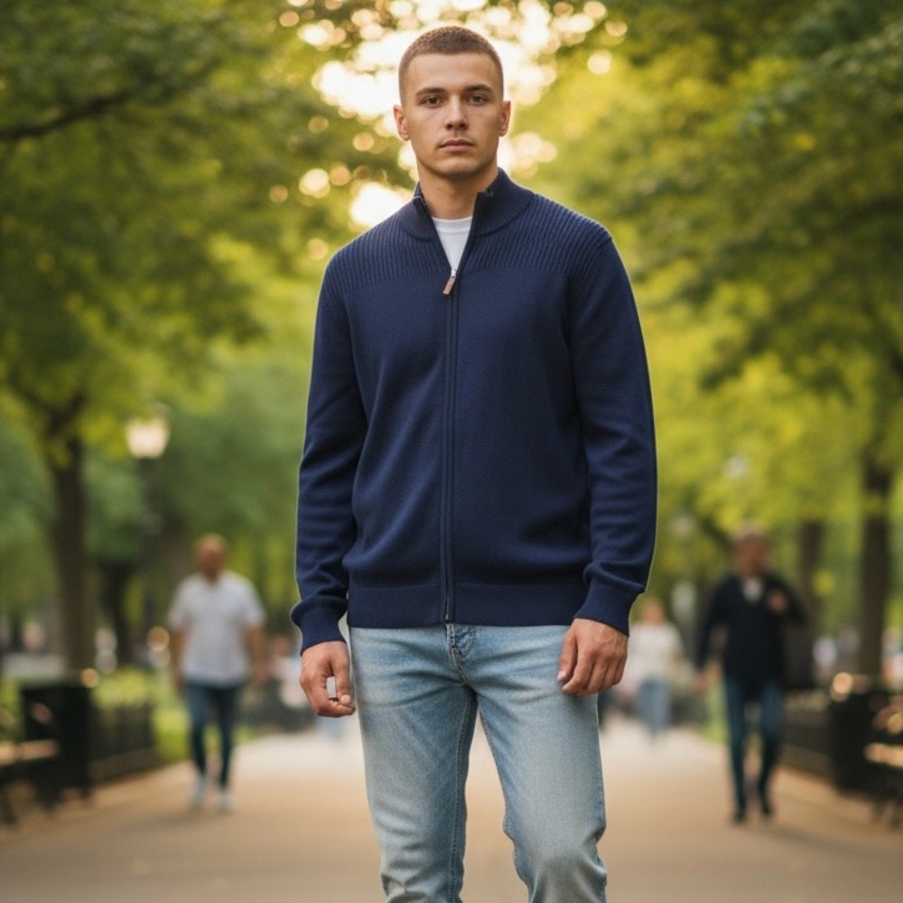 Club Room Full Zip Sweater, Men's, 100%‎ Cotton, Color Navy Blue, Size MEDIUM